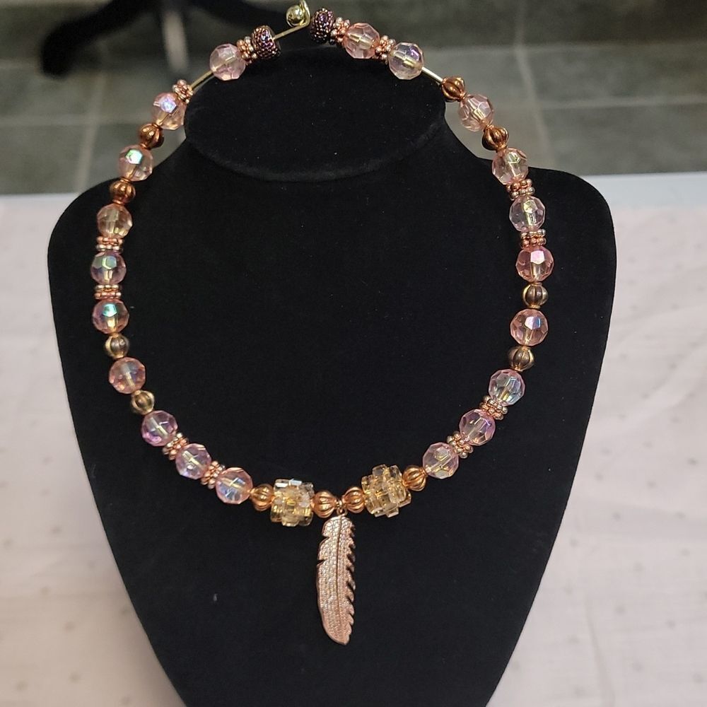 Handmade Beaded Necklace/Choker with Rose Gold Feather Pendant